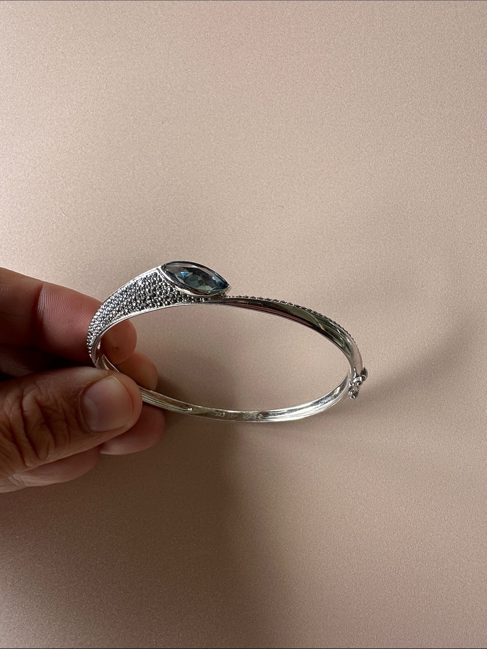 Sterling Silver Blue Topaz & CZ Crossover Hinged Bangle Bracelet XO